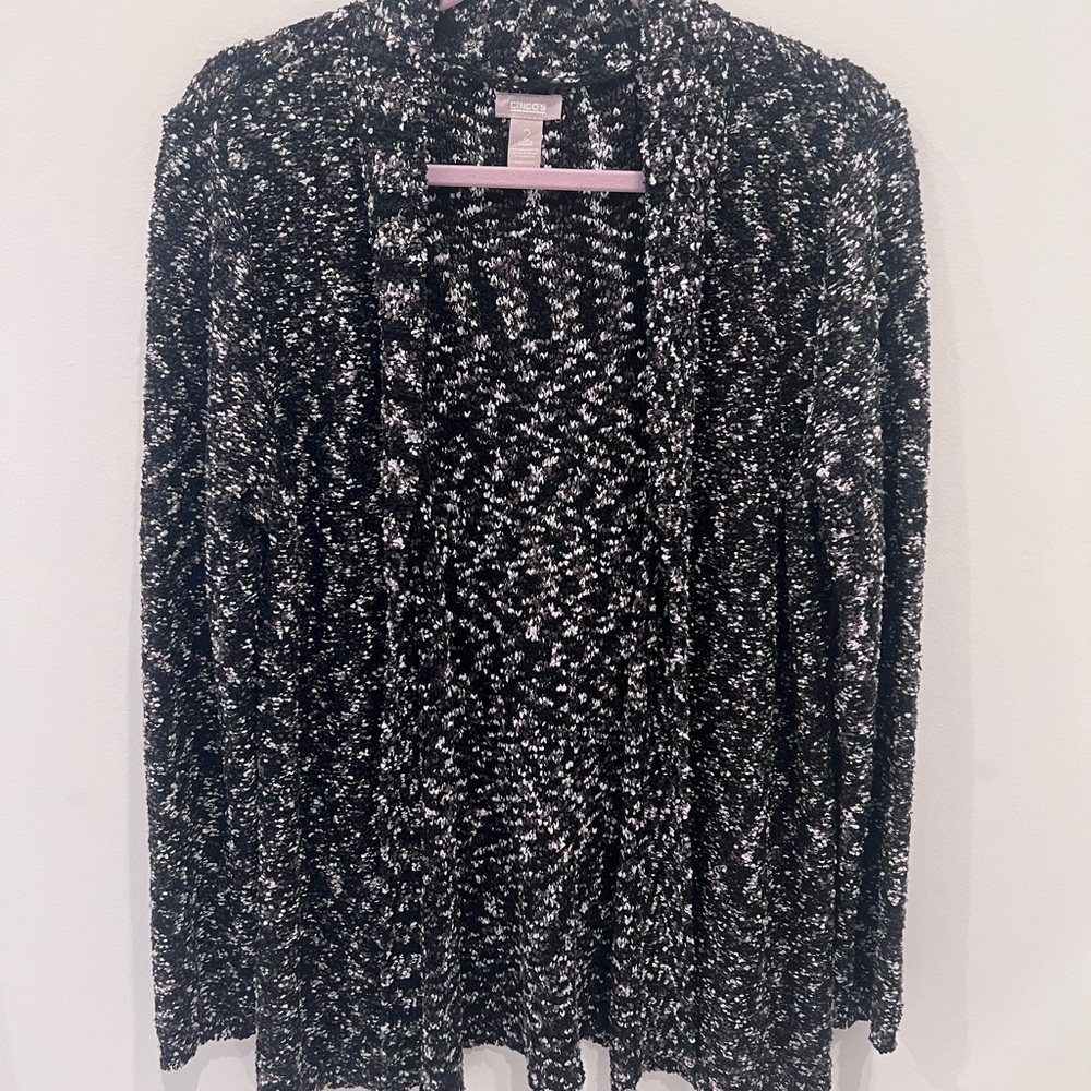 Chico’s. Size: 2 / L. Black/white/brown cardigan sweater.